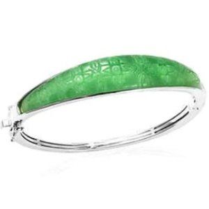 Burmese Green Jade Carved Bangle Bracelet in Sterling Silver